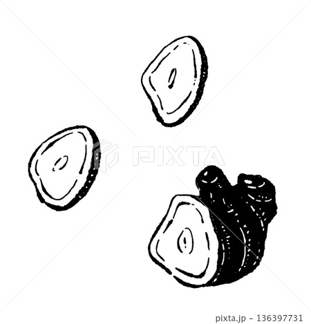 スライスされた生姜と塊のモノクロスケッチイラスト 136397731
