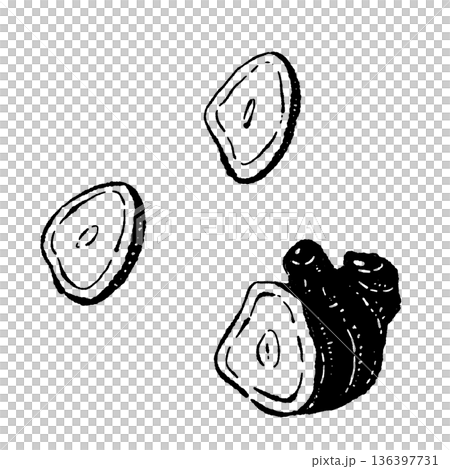 スライスされた生姜と塊のモノクロスケッチイラスト 136397731