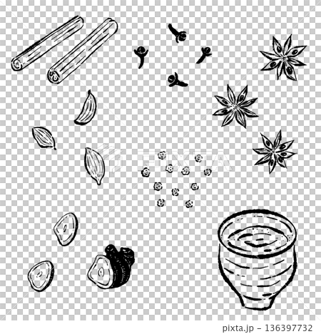 チャイと様々なスパイスの材料セットのモノクロイラスト 136397732