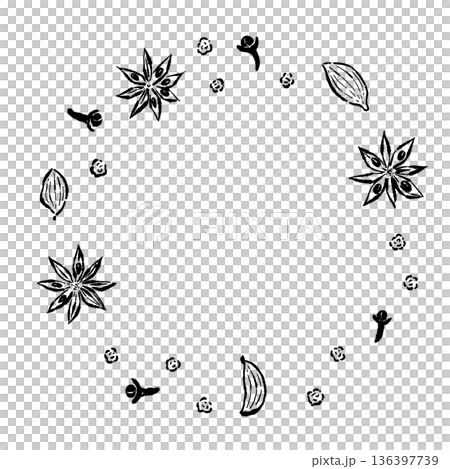 Circular wreath-style frame material made from chai spices 136397739