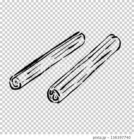 Monochrome sketch of two cinnamon sticks lined up 136397740