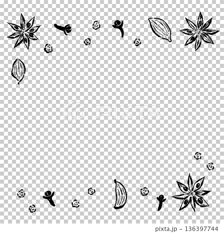 方形邊框插圖，各種香料散落在各處。 136397744