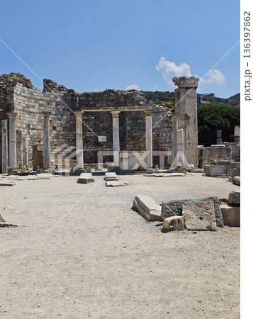 Ancient Ephesus, ruins in Turkey, ruins of the Ancient Roman and Ancient Greek empires, Selcuk, Izmir province 136397862