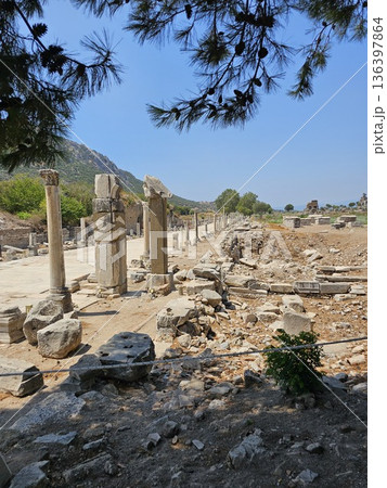 Ancient Ephesus, ruins in Turkey, ruins of the Ancient Roman and Ancient Greek empires, Selcuk, Izmir province Ancient Ephesus, ruins in Turkey, ruins of the Ancient Roman and Ancient Greek empires, Selcuk, Izmir province 136397864