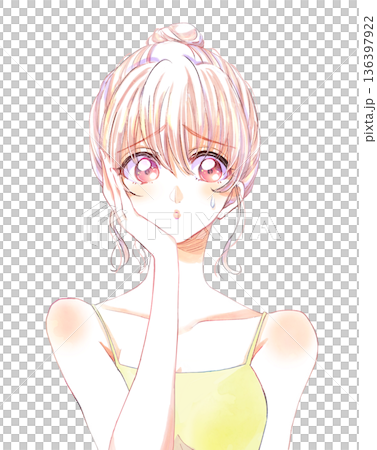 Woman with one hand on cheek, bun, sweat, camisole 136397922