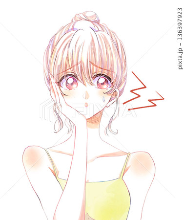 片手を頬に当て困る女性 お団子頭 汗 キャミソール 片手を頬に当て困る女性 お団子頭 汗 キャミソール 136397923