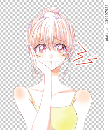 片手を頬に当て困る女性 お団子頭 汗 キャミソール 片手を頬に当て困る女性 お団子頭 汗 キャミソール 136397923