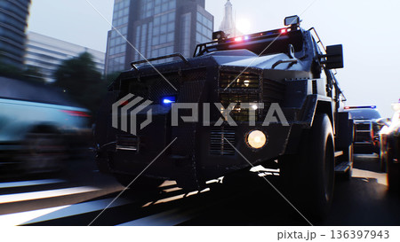 An swat police driving fast on a city street. 3d rendering. An swat police driving fast on a city street. 3d rendering. 136397943