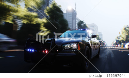 An police driving fast on a city street. 3d rendering. 136397944