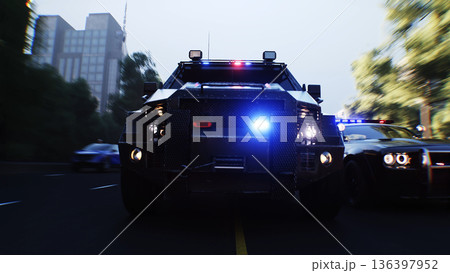 An swat police driving fast on a city street. 3d rendering. 136397952