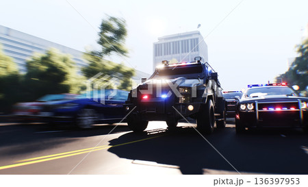 An swat police driving fast on a city street. 3d rendering. 136397953