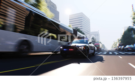 An police driving fast on a city street. 3d rendering. 136397955