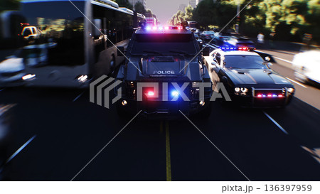 An swat police driving fast on a city street. 3d rendering. 136397959