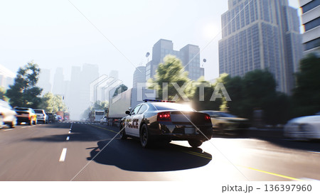 An police driving fast on a city street. 3d rendering. 136397960