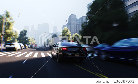 An police driving fast on a city street. 3d rendering. 136397973