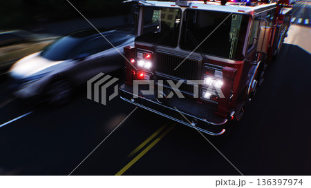 An fire engine, fire rescue driving fast on a city street.3d rendering. 136397974