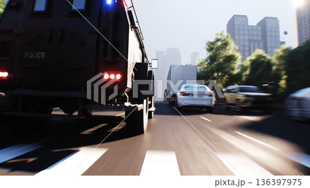 An swat police driving fast on a city street. 3d rendering. 136397975