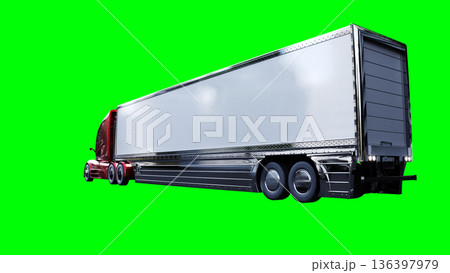 Electric futuristic red cargo truck driving fast. dynamic reflections on the car body. green screen isolate. 3d rendering. 136397979