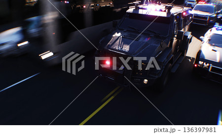An swat police driving fast on a city street. 3d rendering. 136397981