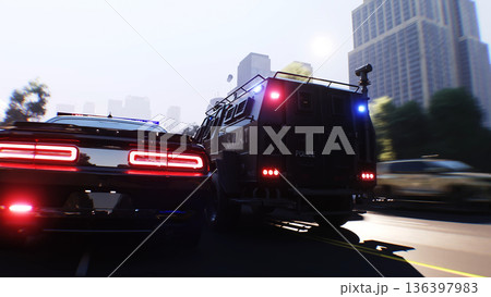 An swat police driving fast on a city street. 3d rendering. 136397983