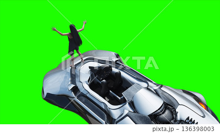 Flying futuristic car and a woman with hair blowing in the wind. reflections on the car body. green screen isolate. 3d rendering. Flying futuristic car and a woman with hair blowing in the wind. reflections on the car body. green screen isolate. 3d rendering. 136398003