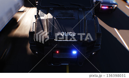 An swat police driving fast on a city street. 3d rendering. An swat police driving fast on a city street. 3d rendering. 136398031