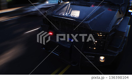 An swat police driving fast on a city street. 3d rendering. 136398104