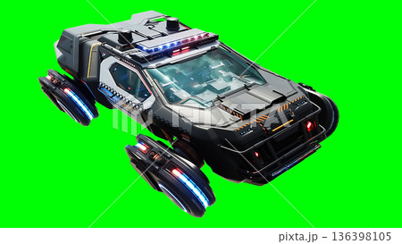 Futuristic cyber police flying car. realistic dynamic reflections on the car body. green screen isolate. 3d rendering. Futuristic cyber police flying car. realistic dynamic reflections on the car body. green screen isolate. 3d rendering. 136398105