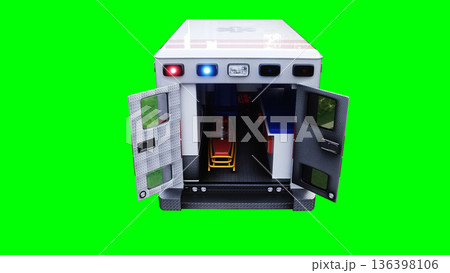 Ambulance green screen isolate. Realistic flashing lights. 3d rendering. 136398106