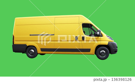 Yellow delivery car driving fast. realistic dynamic reflections on the car body. green screen isolate. 3d rendering. 136398126