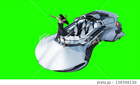 Flying futuristic car and a woman with hair blowing in the wind. reflections on the car body. green screen isolate. 3d rendering. 136398130
