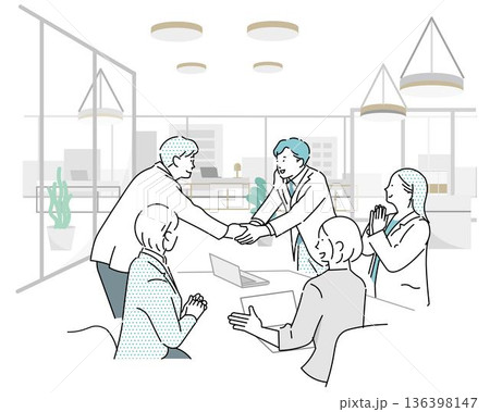 オフィスでミーティングするビジネスパーソンー契約成立し握手するシーンービジネスチームのイラスト素材 136398147