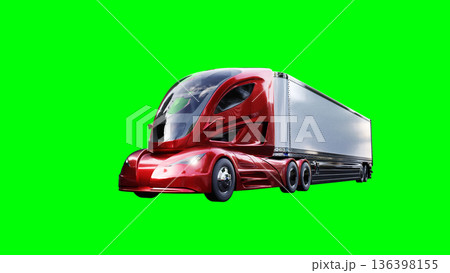 Electric futuristic red cargo truck driving fast. dynamic reflections on the car body. green screen isolate. 3d rendering. Electric futuristic red cargo truck driving fast. dynamic reflections on the car body. green screen isolate. 3d rendering. 136398155