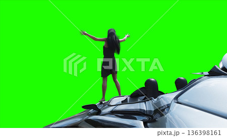 Flying futuristic car and a woman with hair blowing in the wind. reflections on the car body. green screen isolate. 3d rendering. 136398161