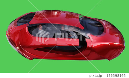 Futuristic flying red car. realistic dynamic reflections on the car body. green screen isolate. 3d rendering. Futuristic flying red car. realistic dynamic reflections on the car body. green screen isolate. 3d rendering. 136398163