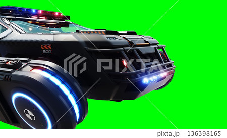 Futuristic cyber police flying car. realistic dynamic reflections on the car body. green screen isolate. 3d rendering. Futuristic cyber police flying car. realistic dynamic reflections on the car body. green screen isolate. 3d rendering. 136398165