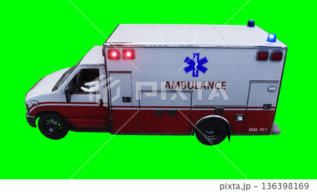 Ambulance green screen isolate. Realistic flashing lights. 3d rendering. 136398169