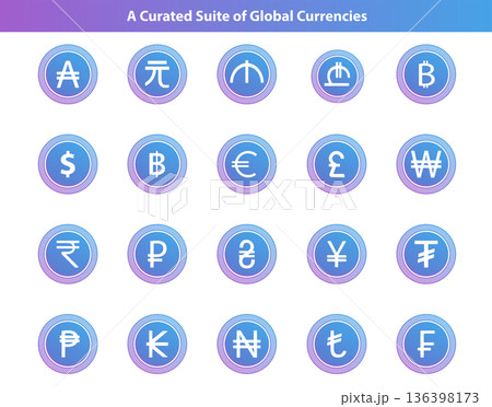 Global Currency Icon Set for Fintech, Banking, and International Trade 136398173