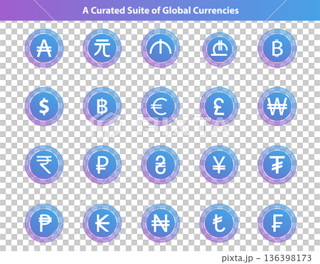Global Currency Icon Set for Fintech, Banking, and International Trade Global Currency Icon Set for Fintech, Banking, and International Trade 136398173