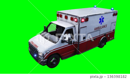 Ambulance green screen isolate. Realistic flashing lights. 3d rendering. 136398182