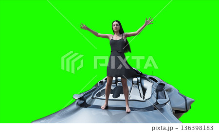 Flying futuristic car and a woman with hair blowing in the wind. reflections on the car body. green screen isolate. 3d rendering. 136398183