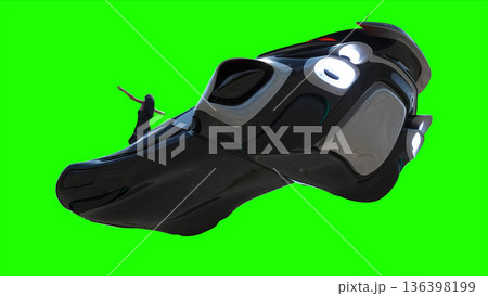 Flying futuristic car and a woman with hair blowing in the wind. reflections on the car body. green screen isolate. 3d rendering. 136398199