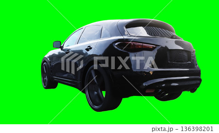Luxury black sport suv, car driving fast. realistic dynamic reflections on the car body. green screen isolate. 3d rendering. 136398201