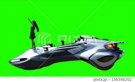 Flying futuristic car and a woman with hair blowing in the wind. reflections on the car body. green screen isolate. 3d rendering. Flying futuristic car and a woman with hair blowing in the wind. reflections on the car body. green screen isolate. 3d rendering. 136398202