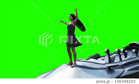 Flying futuristic car and a woman with hair blowing in the wind. reflections on the car body. green screen isolate. 3d rendering. 136398203