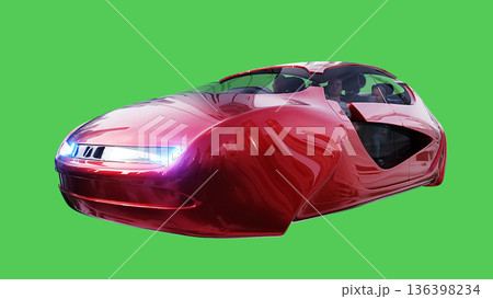 Futuristic flying red car. realistic dynamic reflections on the car body. green screen isolate. 3d rendering. 136398234