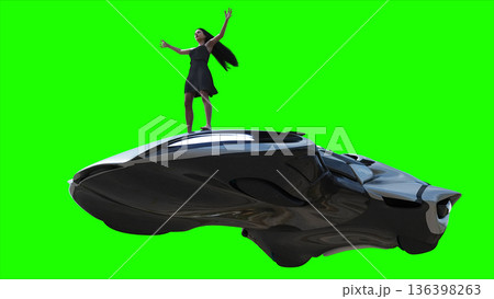 Flying futuristic car and a woman with hair blowing in the wind. reflections on the car body. green screen isolate. 3d rendering. 136398263