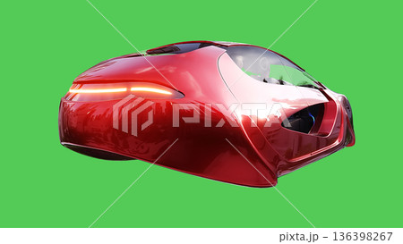 Futuristic flying red car. realistic dynamic reflections on the car body. green screen isolate. 3d rendering. Futuristic flying red car. realistic dynamic reflections on the car body. green screen isolate. 3d rendering. 136398267