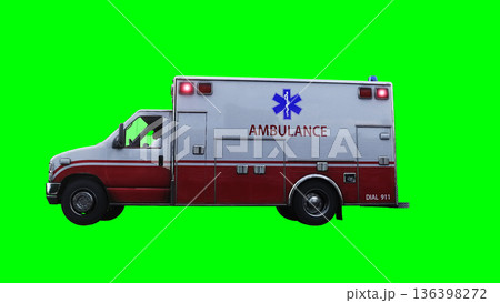 Ambulance green screen isolate. Realistic flashing lights. 3d rendering. Ambulance green screen isolate. Realistic flashing lights. 3d rendering. 136398272