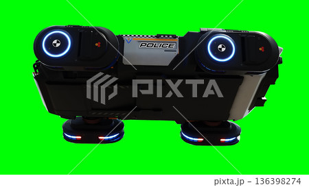Futuristic cyber police flying car. realistic dynamic reflections on the car body. green screen isolate. 3d rendering. 136398274